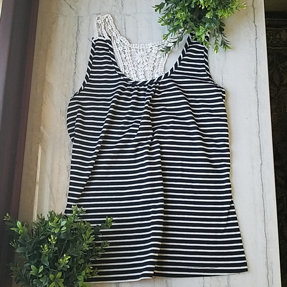 🌴SALE🌴 Black and white striped tank...lace back